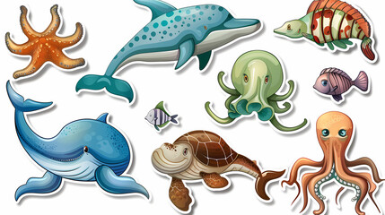 Fototapeta premium Set of Sea Animals on a White Canvas Sticker,vector image