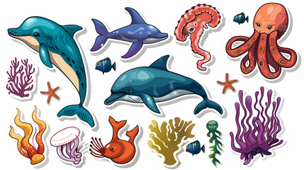 Fototapeta premium Set of Sea Animals on a White Canvas Sticker,vector image