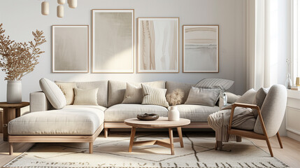 Fototapeta premium Modern living room with large sectional sofa and neutral decor