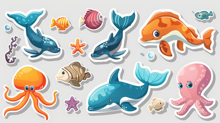 Fototapeta premium Set of Sea Animals on a White Canvas Sticker,vector image