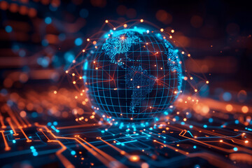 A computer generated image of a globe with a network of lines surrounding it. The image has a futuristic and technological feel to it