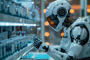 Fototapeta premium A robot is holding a glass tube in a lab. The robot is white and has a robotic arm