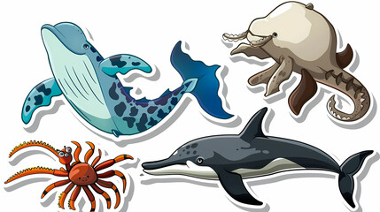 Fototapeta premium Set of Sea Animals on a White Canvas Sticker,vector image