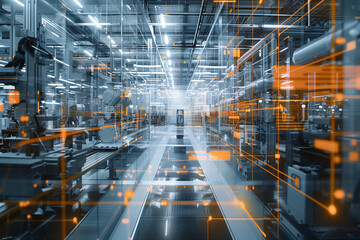 Fototapeta premium A large industrial building with a lot of machinery and a lot of orange and blue lights. The building is very large and has a futuristic feel to it