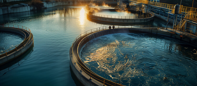 A body of water with a few small circles in it. The circles are filled with water and are surrounded by a concrete wall