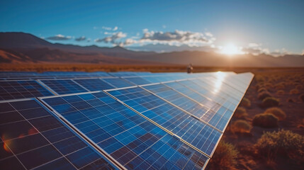 A solar panel field with a sun in the background. The sun is setting and the sky is blue