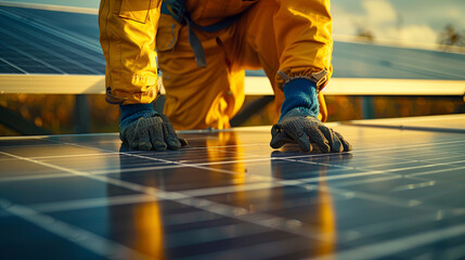 A man in a yellow suit is working on a solar panel. He is wearing gloves and he is focused on his task