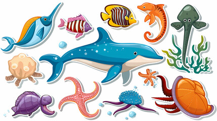 Set of Sea Animals on a White Canvas Sticker,vector image