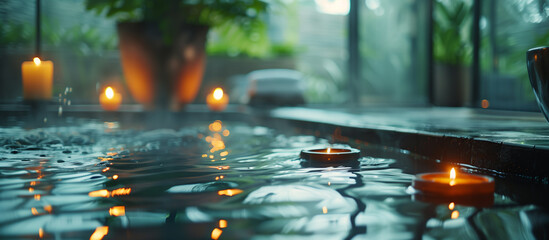 A bathtub filled with water and candles. Scene is calm and relaxing