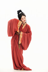 A woman wearing ancient Chinese clothing against a white background.