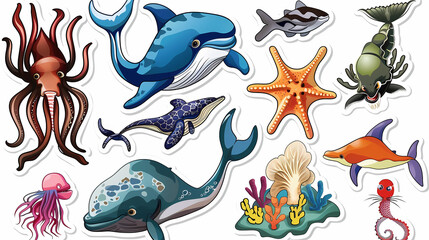 Fototapeta premium Set of Sea Animals on a White Canvas Sticker,vector image