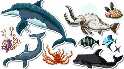 Fototapeta premium Set of Sea Animals on a White Canvas Sticker,vector image