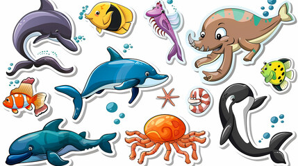Fototapeta premium Set of Sea Animals on a White Canvas Sticker,vector image