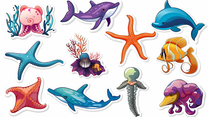 Set of Sea Animals on a White Canvas Sticker,vector image