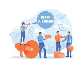 Woman talking using a megaphone. Refer friends in exchange for rewards. Referral Program concept. Flat vector illustration.