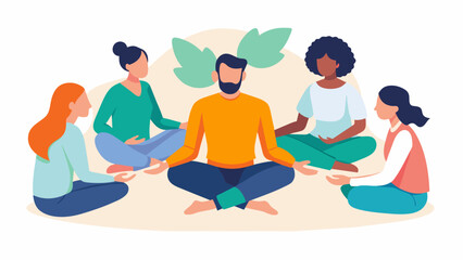 Participants sit in a circle their eyes closed and hands resting on their knees as they share their intentions and set their intentions for the session.. Vector illustration