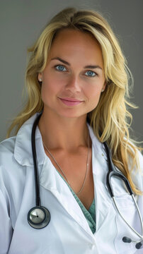 portrait of beautiful confident friendly middle-aged female doctor with blonde hair smiling wearing white uniform and stethoscope on hospital clinic background