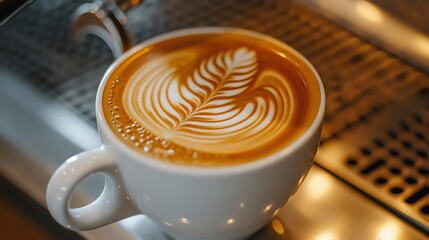 Latte art coffee in a cup on wooden table