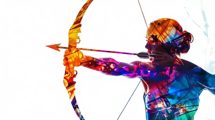 archery bow close up on white background, vibrant colors, double exposure silhouette with archery elements