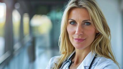 portrait of beautiful confident friendly middle-aged female doctor with blonde hair smiling wearing white uniform and stethoscope on hospital clinic background