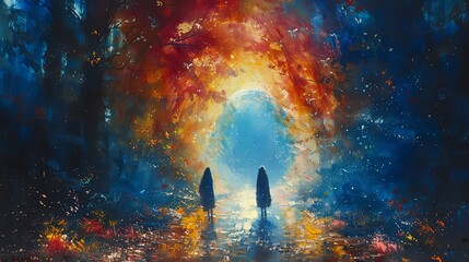 Two figures walk through a mystical forest towards a glowing light.