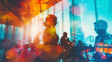 Startup culture innovation close up, vibrant colors, Double exposure silhouette with entrepreneurs and gadgets