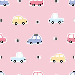 Adorable seamless pattern of pink cars with polka dots on a pink background. Perfect for baby clothes, nursery wallpaper, and more