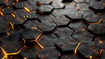 Obraz premium Luxury hexagonal abstract black metal background with golden light lines. Dark 3d geometric texture illustration. 