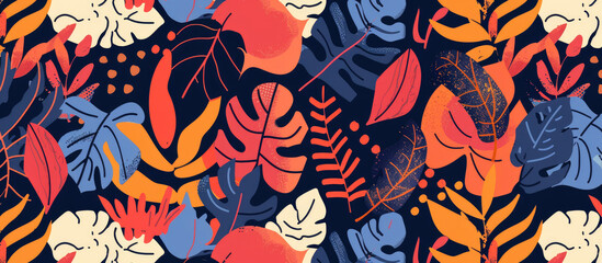 Vibrant pattern featuring stylized tropical leaves and flowers in shades of blue, orange, pink, red, yellow, green and purple on dark background