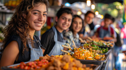 Fototapeta premium Hispanic teenagers smiling and serving food at an outdoor market, showcasing vibrant dishes and friendly atmosphere