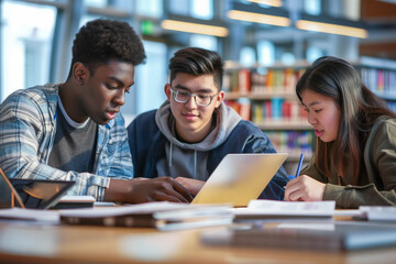 Diverse students working on laptop and taking notes in university library