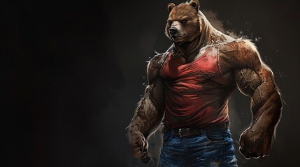 Anthropomorphic muscular bear wearing red tank top and ripped jeans in a dark environment. Digital art concept. Fitness and strength concept for design and print.