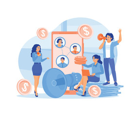 People use social media. Share info about referrals and earn money. Referral Program concept. Flat vector illustration.