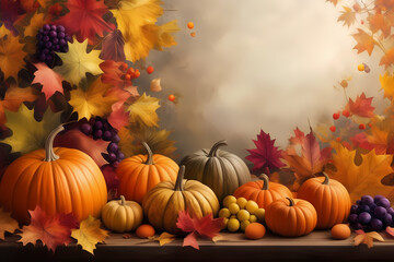 Dynamic acrylic paint border adorned with autumn and Thanksgiving symbols: vibrant leaves, pumpkins, and an array of seasonal fruits.