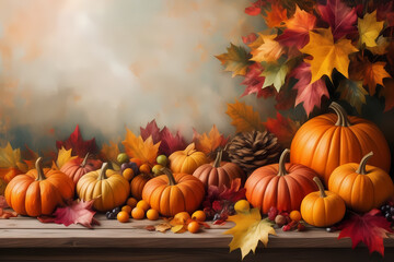 Naklejka premium Dynamic acrylic paint border adorned with autumn and Thanksgiving symbols: vibrant leaves, pumpkins, and an array of seasonal fruits.