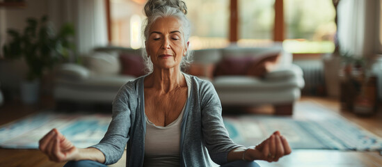 A woman is sitting on the floor in a living room, meditating. The room is decorated with a couch and a potted plant. The woman is in a peaceful and calm state - Powered by Adobe