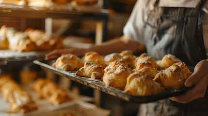 
A woman holding a covered baker picks up freshly baked goods. From the oven tray on the bakery floor