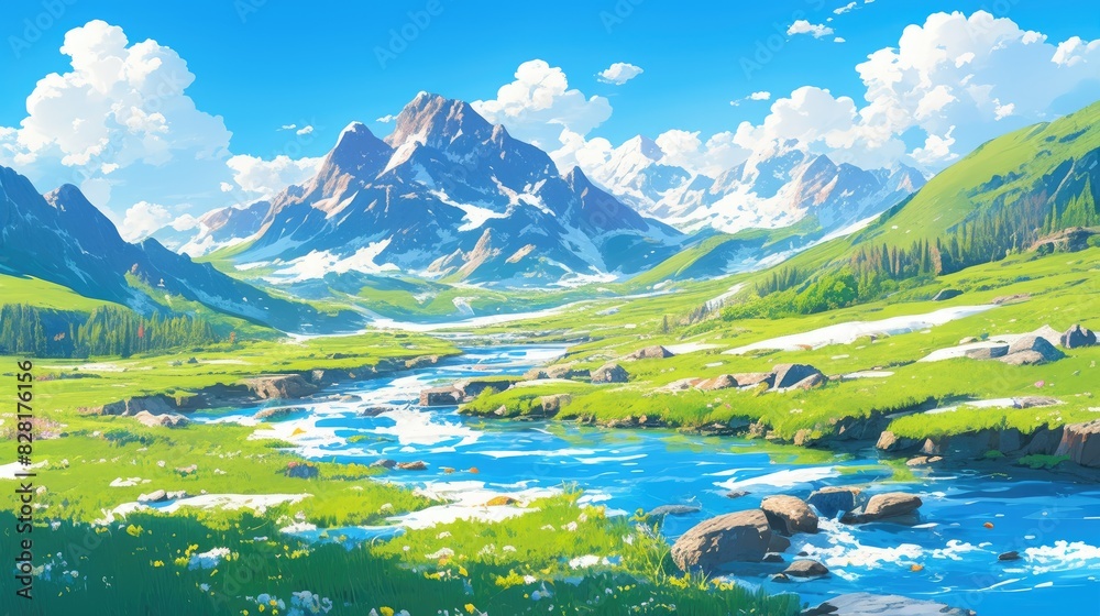 Wall mural an isolated mountain river runs swiftly its water sparkling clean and fresh meandering through the p