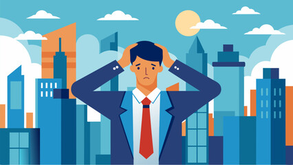 In the middle of a bustling city a businessman quickly taps on his forehead as he deals with stress and pressure from work.. Vector illustration
