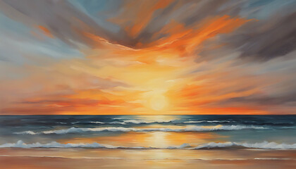 Obraz premium canvas painting of a panoramic sunset beach landscape. tropical beach seascape horizon