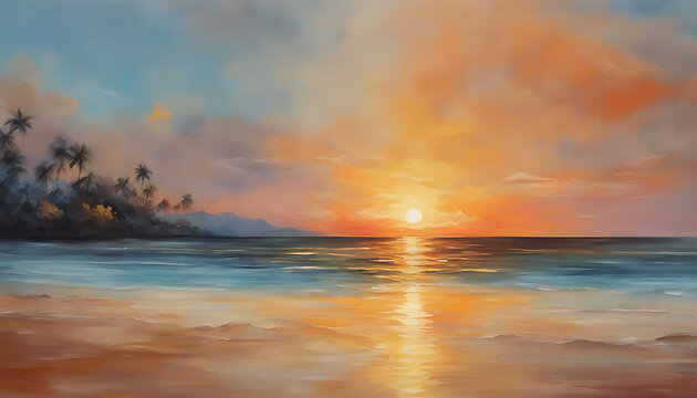 canvas painting of a panoramic sunset beach landscape. tropical beach seascape horizon