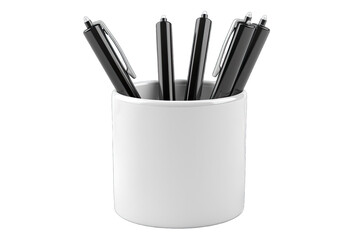 Fototapeta premium Closeup of black pens in a white holder isolated on a white background. Ideal for office, school, and work use.