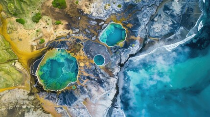 A breathtaking aerial view of a water body encircled by rocks, with green grass and trees creating a stunning natural landscape resembling a painting AIG50 - Powered by Adobe