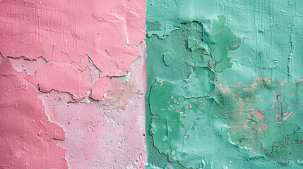 cracked poster old wall painted rough style background split in half with one side pink color and one side green color created with Generative AI Technology