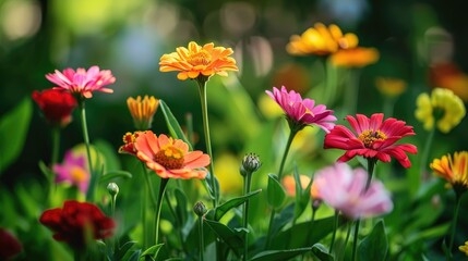 Colorful garden flowers in a green setting blurred close up Stunning botanical image for wallpaper background or screen display