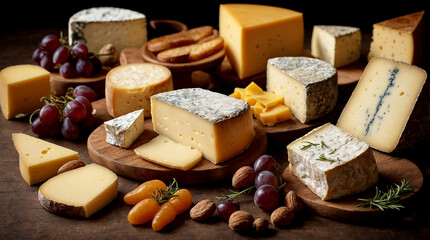 world of gourmet cheese with close-up shots of premium cheese varieties. Highlight the creamy, aged, and soft textures