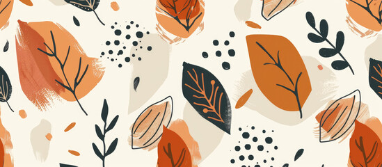 Abstract autumn leaves pattern with simple shapes and lines, hand drawn doodle style in earth colors