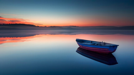 Naklejka premium High-contrast image of a fishing boat on a calm lake at dawn, with light creating reflections and long shadows on the water.