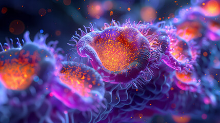 A close up of a purple and orange flower with a fuzzy texture. The flower is surrounded by a blurry background
