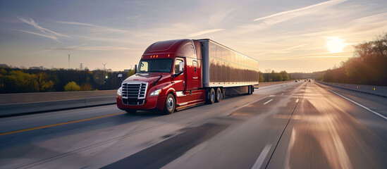 A large red semi truck is driving down a highway. The sun is setting in the background, casting a warm glow over the scene. The truck is the main focus of the image